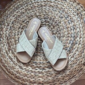 Tan Criss-Cross Sandals with Woven Texture